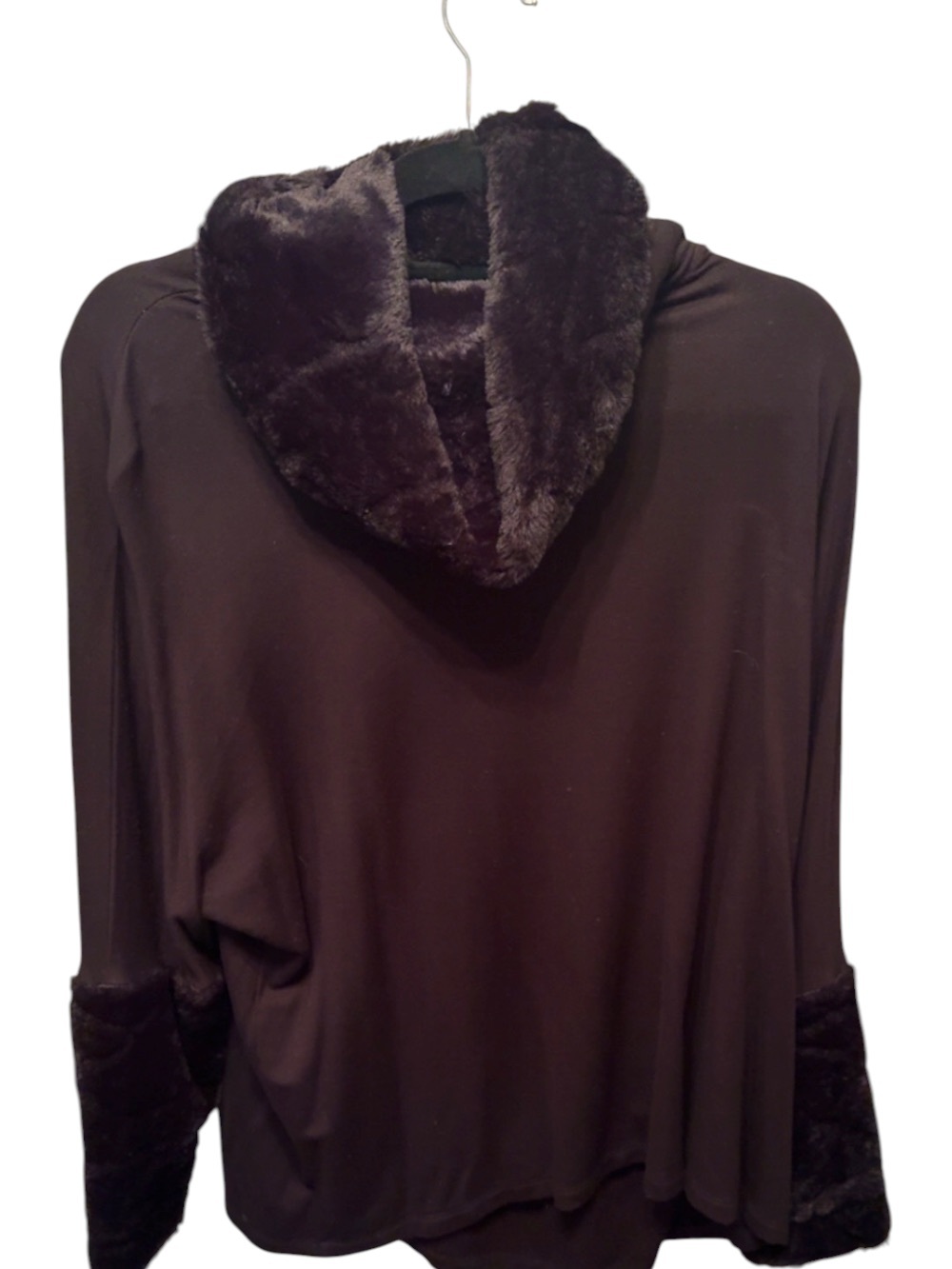 Black Luxurious Faux Fur Trim Hooded Pullover